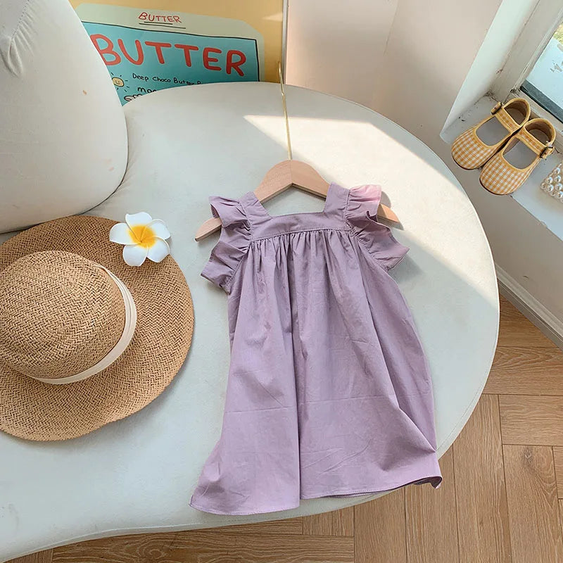 MILANCEL Girls Dresses 2024 Summer Little Fresh Kid's Flare Sleeve A-line Dress Simple Square Collar T-shirt Dress 2-7 Y