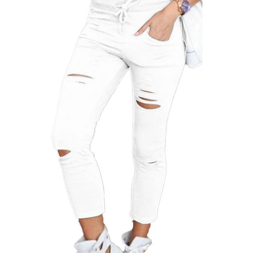 Solid Color Drawstring High Waist Pencil Pants Ripped Skinny Leggings High Waist Pencil Pants Ripped Skinny Leggings