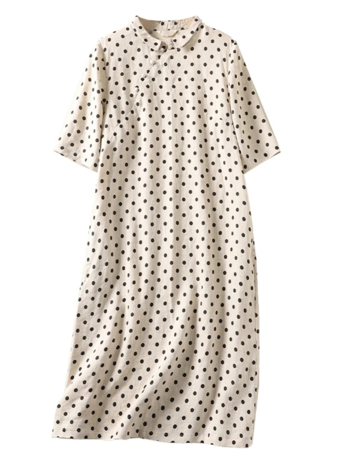 Summer Vintage Polka Dot Cotton Lin Short Sleeve Women's Dress Loose Slimming Gown Side Buttoned Midi Skirt A-Line Dress