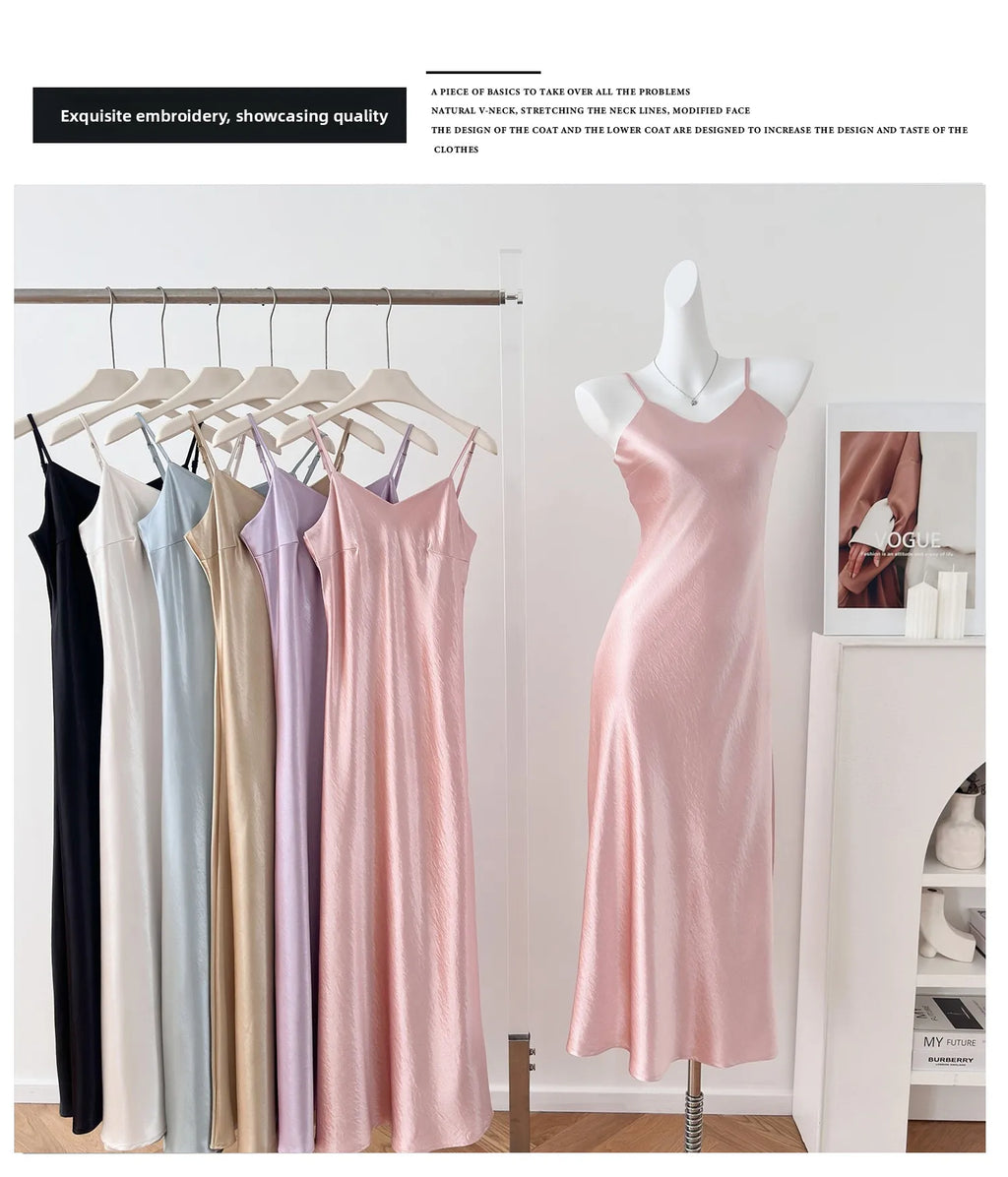 Elegant Chinese Style Satin V-Neck Sleeveless Women's Dress Slimming Waist Design Summer City Walk Long Skirt Inner Wear