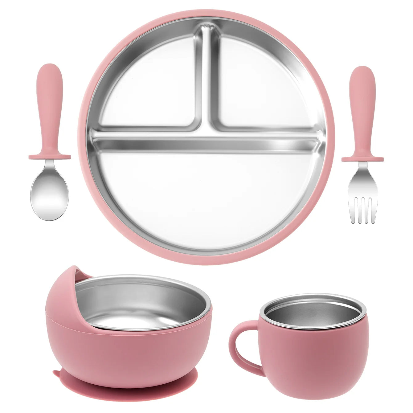 Color Kids Baby Feeding Set 5Pcs Stainless Steel Silicone Tableware For Infants Easy Grip Plates Bowls