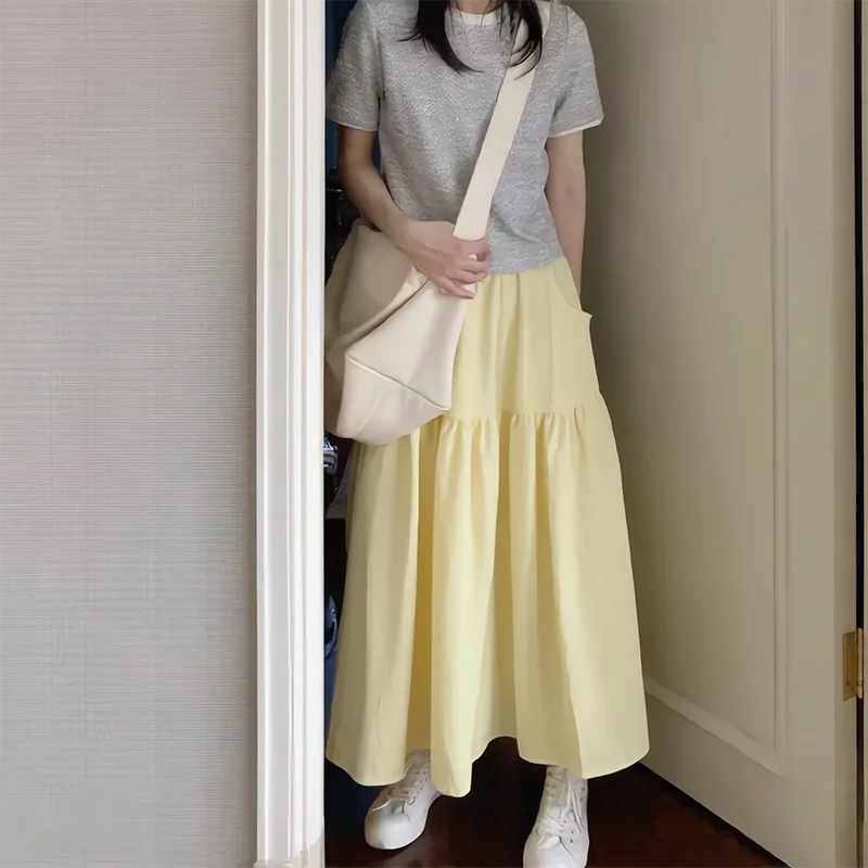 Summer Women Skirts Vintage High Waist Elastic Patchwork White Long skirt Chic pink skirt Long Cake A-line Skirt