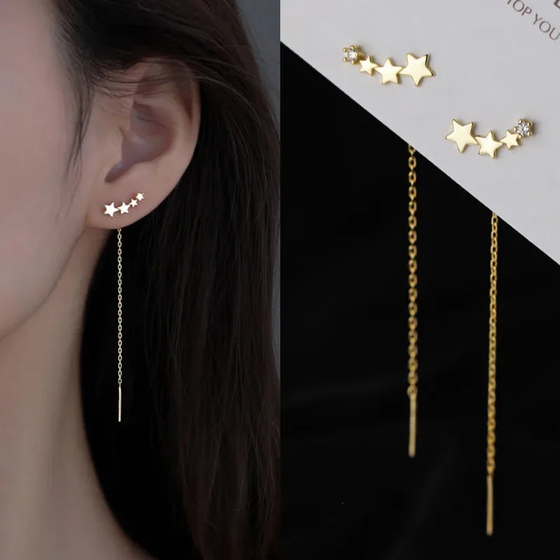 Rose Gold Threader Drop Earrings for Women Long Hanging Zircon Crystal Piercing Jewelry