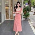 Retro Square Collar Red Plaid Heart Women's Dress plus Size Floral Trim Slimming Skirt High Waist Bubble Sleeve Summer Dress