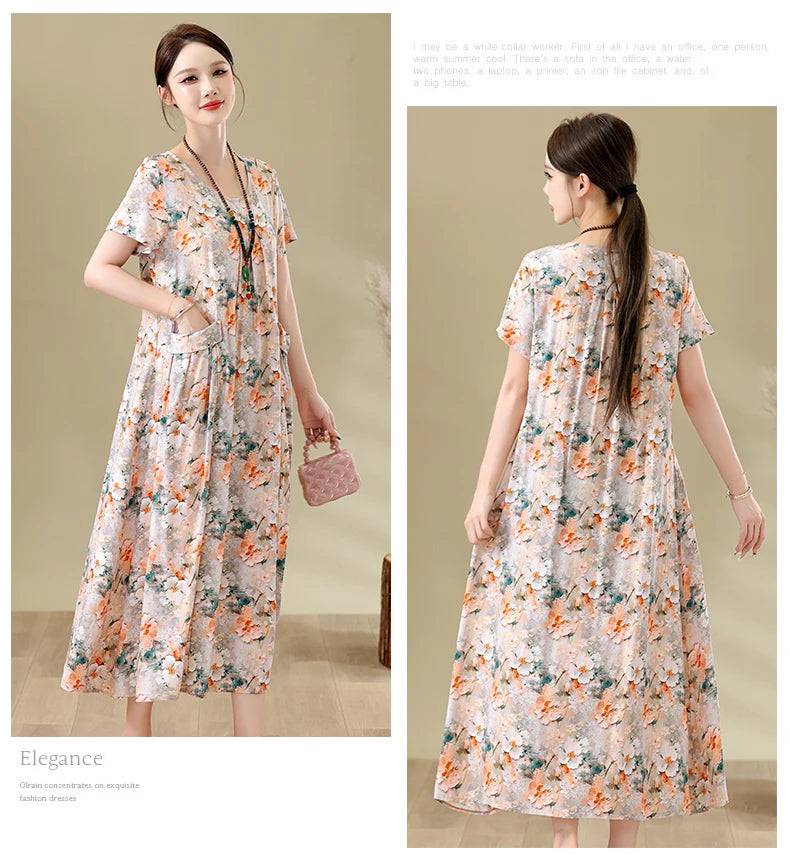 New Fashion Casual Summer Dresses For Women 2026 Loose Plus Size Clothes Elegant printting O-neck Short Sleeve Woman Clothing