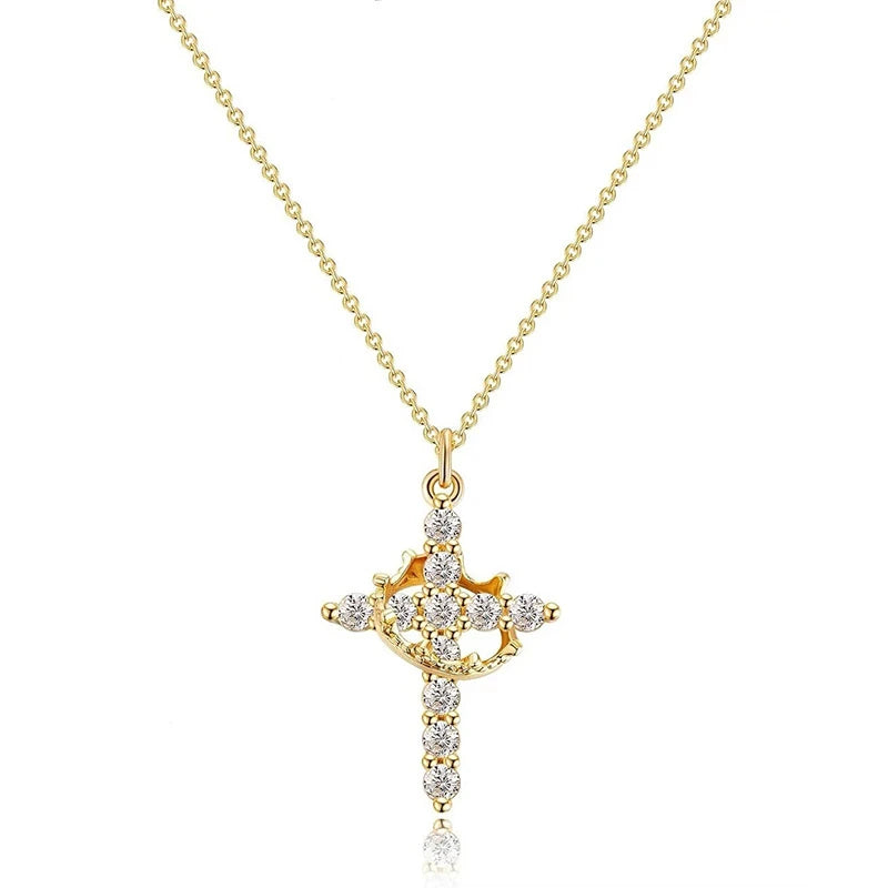 Rotatable Crown Cross Pendant Necklace For Women'S Shiny Rhinestone Stainless Steel Cross Choker Christian Prayer Jewelry
