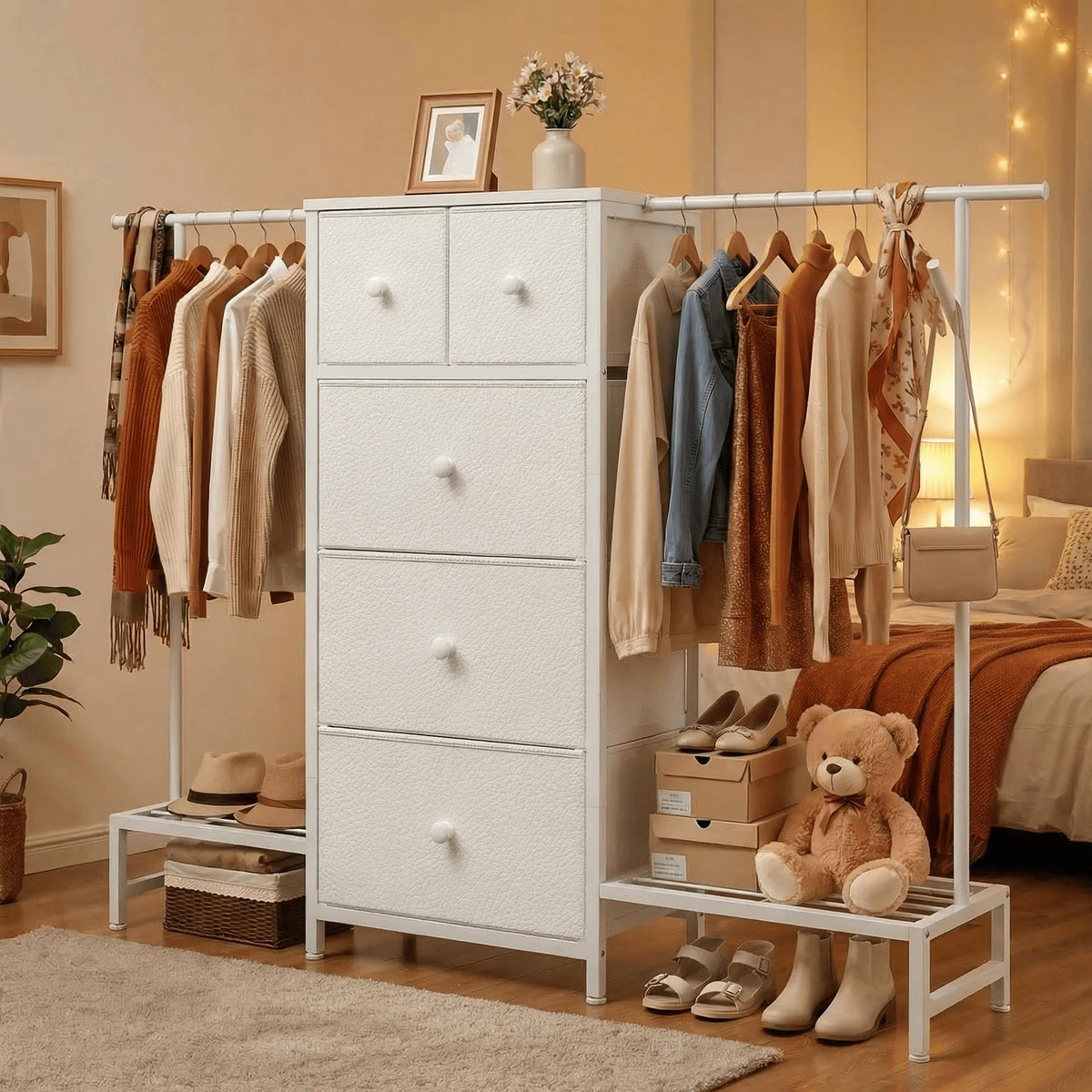 3-in-1 Dresser & Hanging Rack – 57.8" Wide with 5 Drawers & Shoe Rack, Side Hooks for Bedroom Storage and Walk-in closet