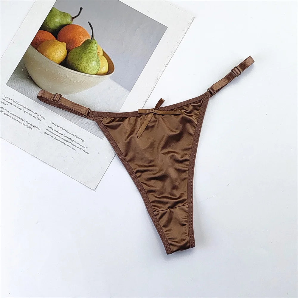 3PCS/Set Glossy Satin Pink Thong Adjustable Low Waist Women Smooth Silk G-string Sexy Plus Size Panty Set Underwear