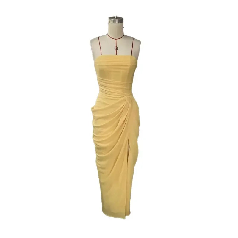 Elegant Strapless Ruched Maxi Dress Sexy Backless Lace Up Cinched Waist Slit Draped Bodycon Dresses Cocktail Party Evening Gown