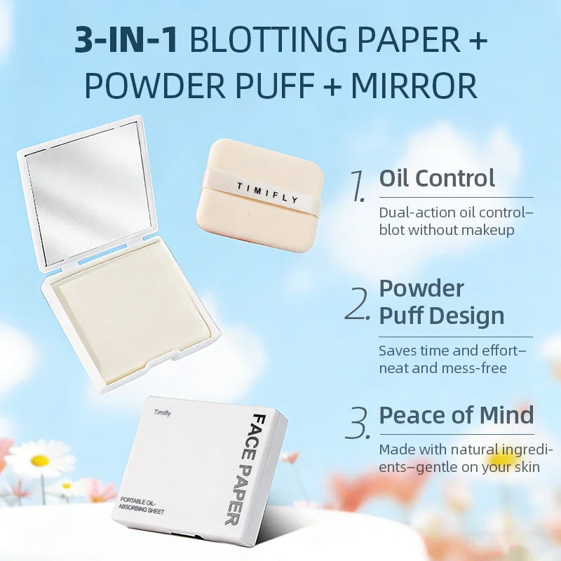 100pcs Oil Blotting Papers Facial Oil Absorbing Sheets for Makeup Portable Storage Box with Mirror Beauty Tool for Skincare