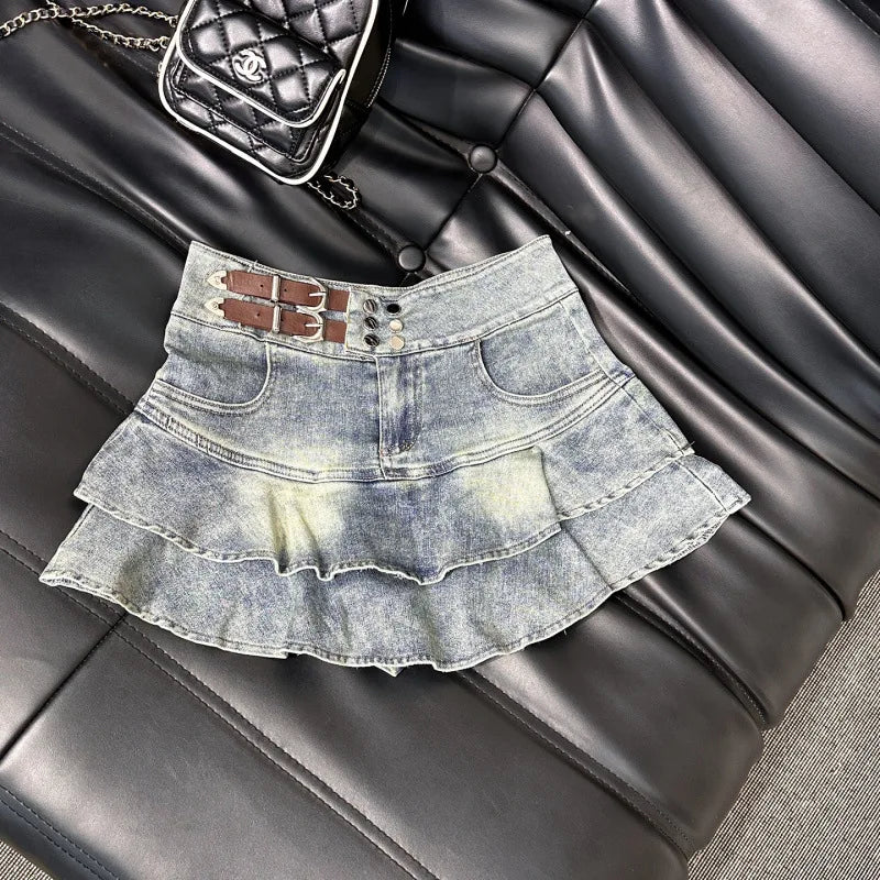 2026 American Pure Desire Spicy Girl Design Elastic Denim Skirt Half-length Pleated Cake Skirt Short Commute High Elasticity