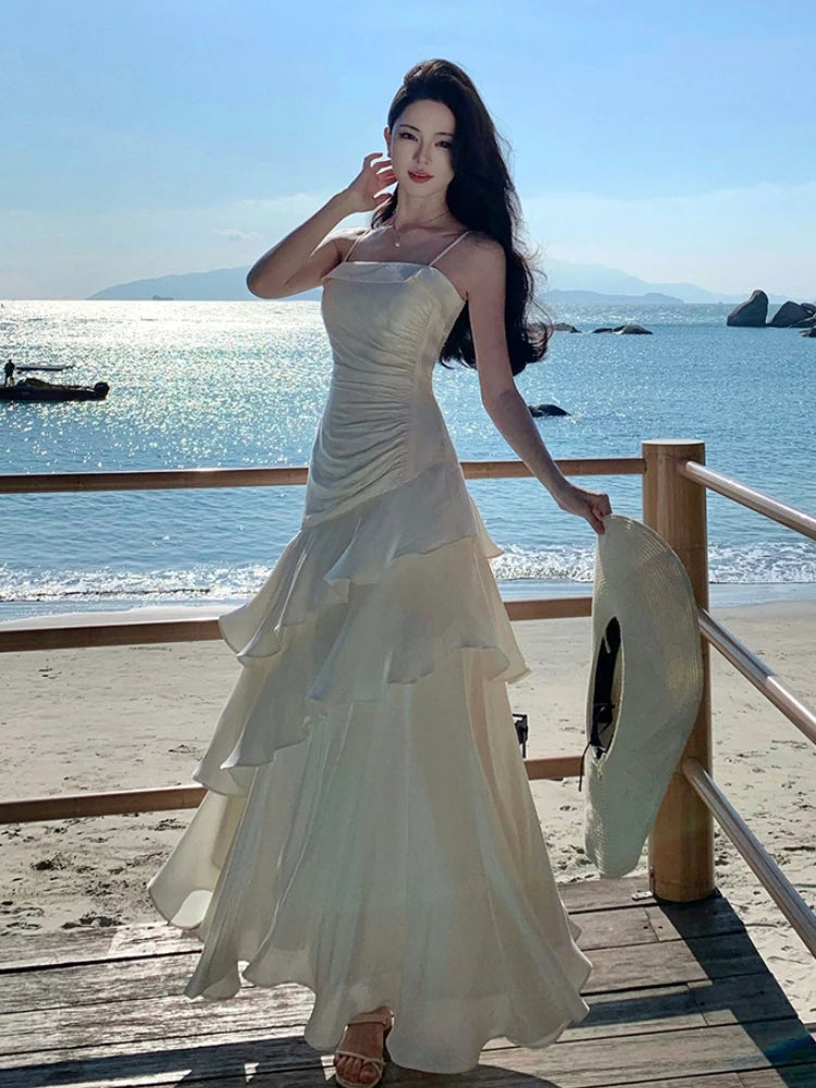 Elegant Women French Spaghetti Strap New Long Dresses Female Slim Chic Party Prom Robe Fashion One Piece Clothing Spring Summer
