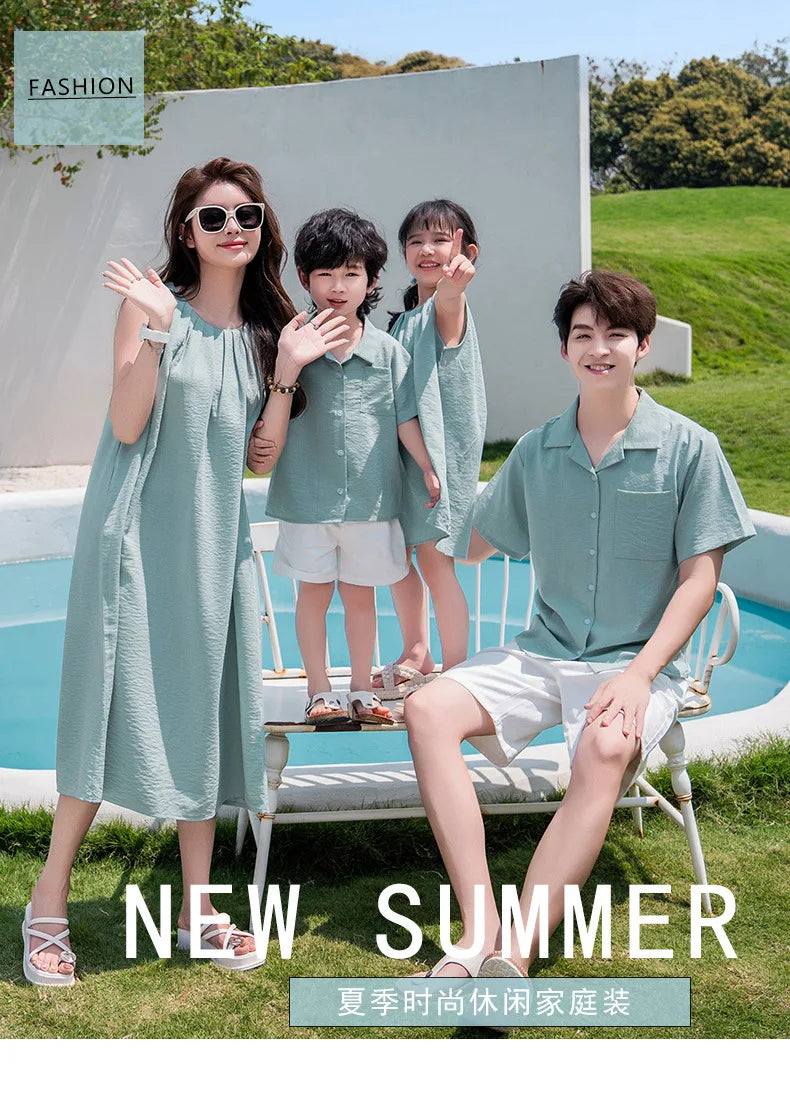 Vacation Family Matching Couple Outfit Dad Son Beach Shirts Mom Daughter Loose Dress Korean Parent-child Sister Brother Clothes