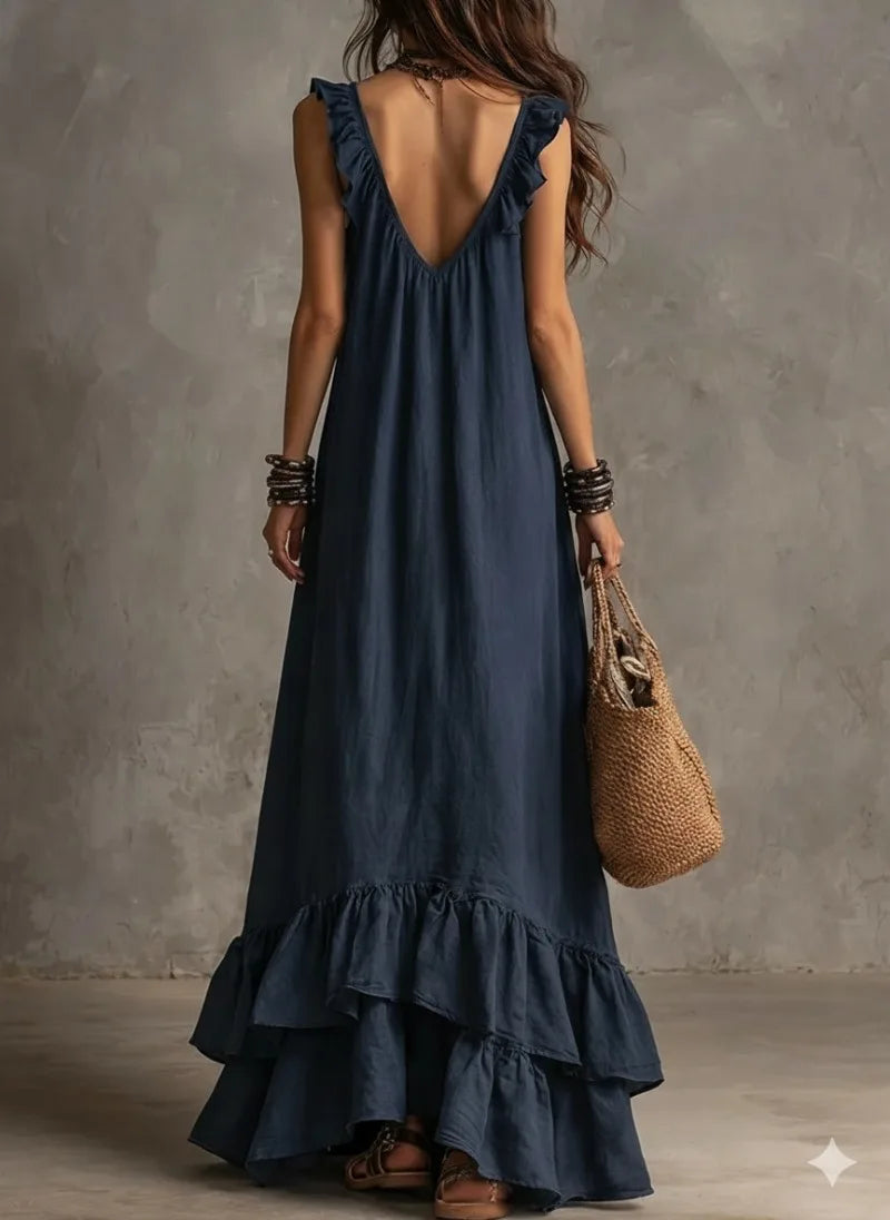 Boho Ruffled Maxi Dress Deep V Sleeveless Cascading Ruffle Loose Flowy Floor Length Beach Vacation Casual Long Dresses Cover Up