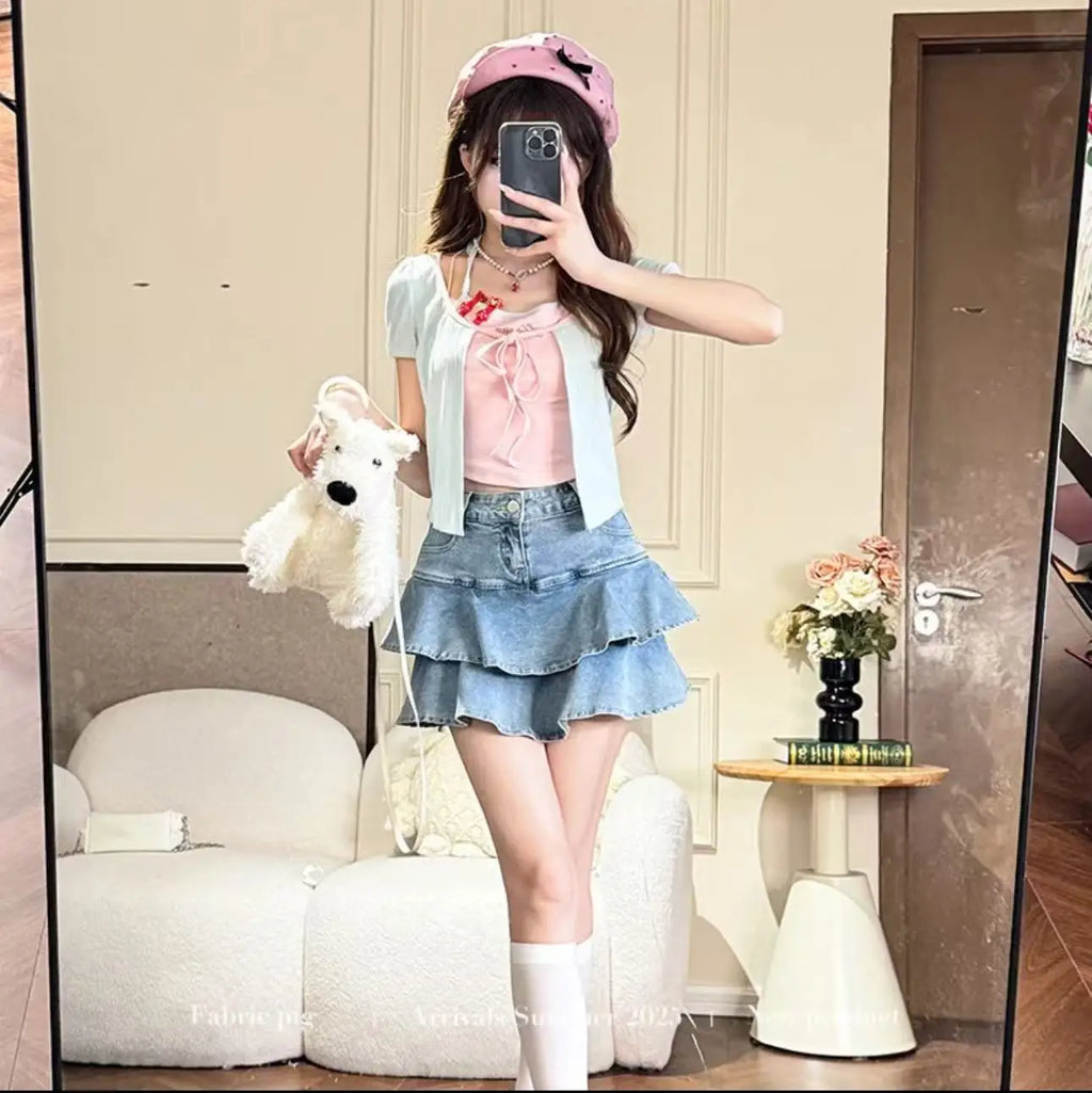 American High Waist A-word Denim Skirt Summer Cake Fluffy Skirt Women's Culottes