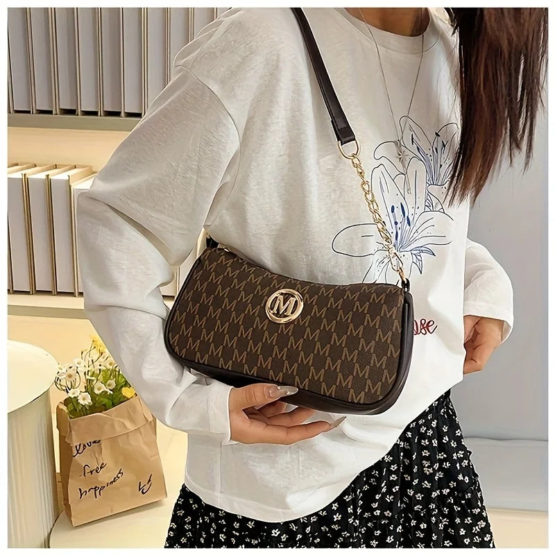 Vintage Underarm Bag for Teenager Letter Print Crossbody Small Square Bag with Chain Shoulder Handbag Adjustable Crossbody Strap