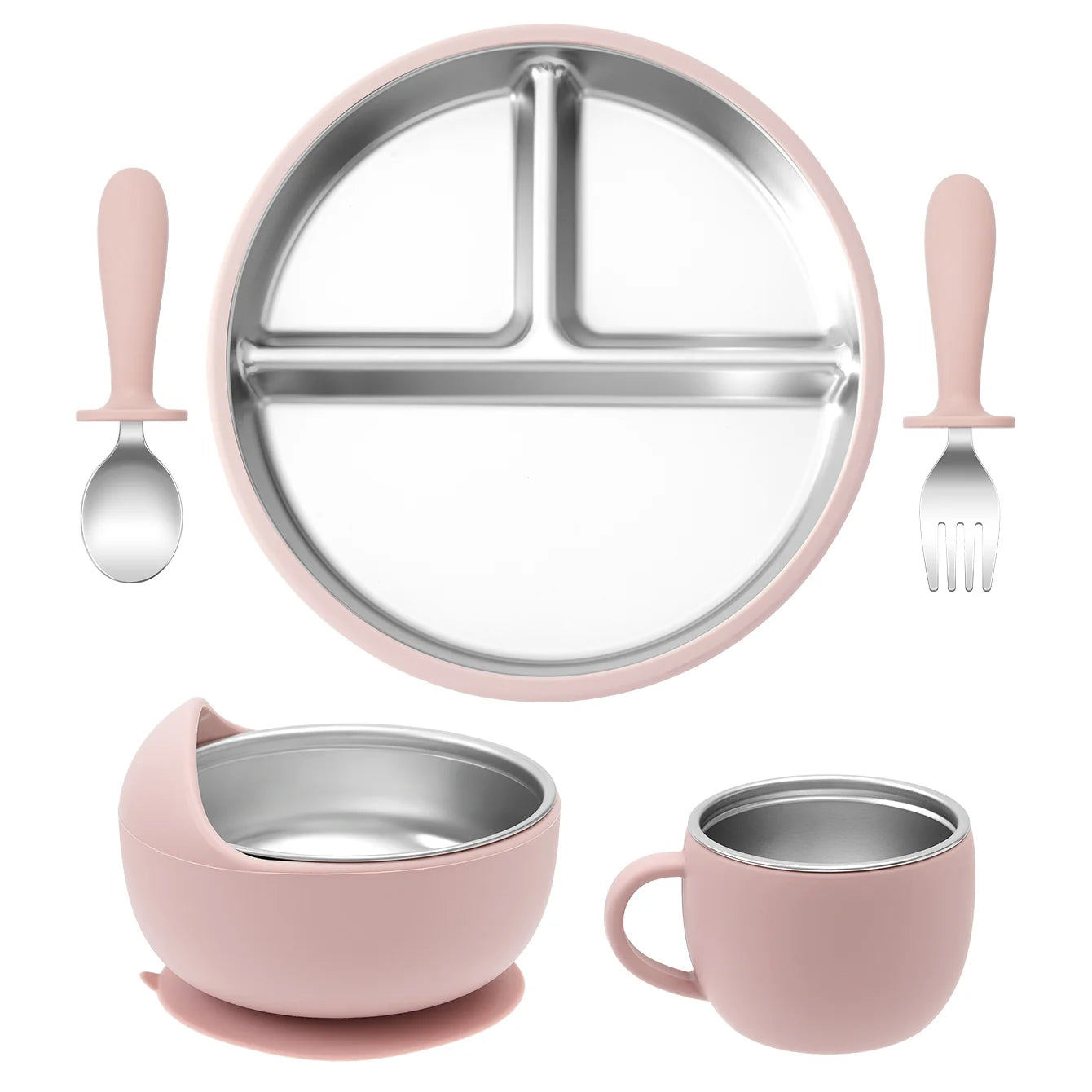 Color Kids Baby Feeding Set 5Pcs Stainless Steel Silicone Tableware For Infants Easy Grip Plates Bowls