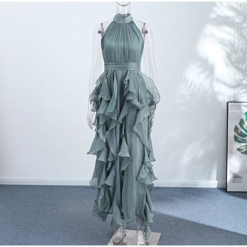 Summer Cascading Ruffles Long Dress Women Sleeveless Lace Up Pleated Female A-line Dresses 2026 Fashion Lady Holiday Robes New