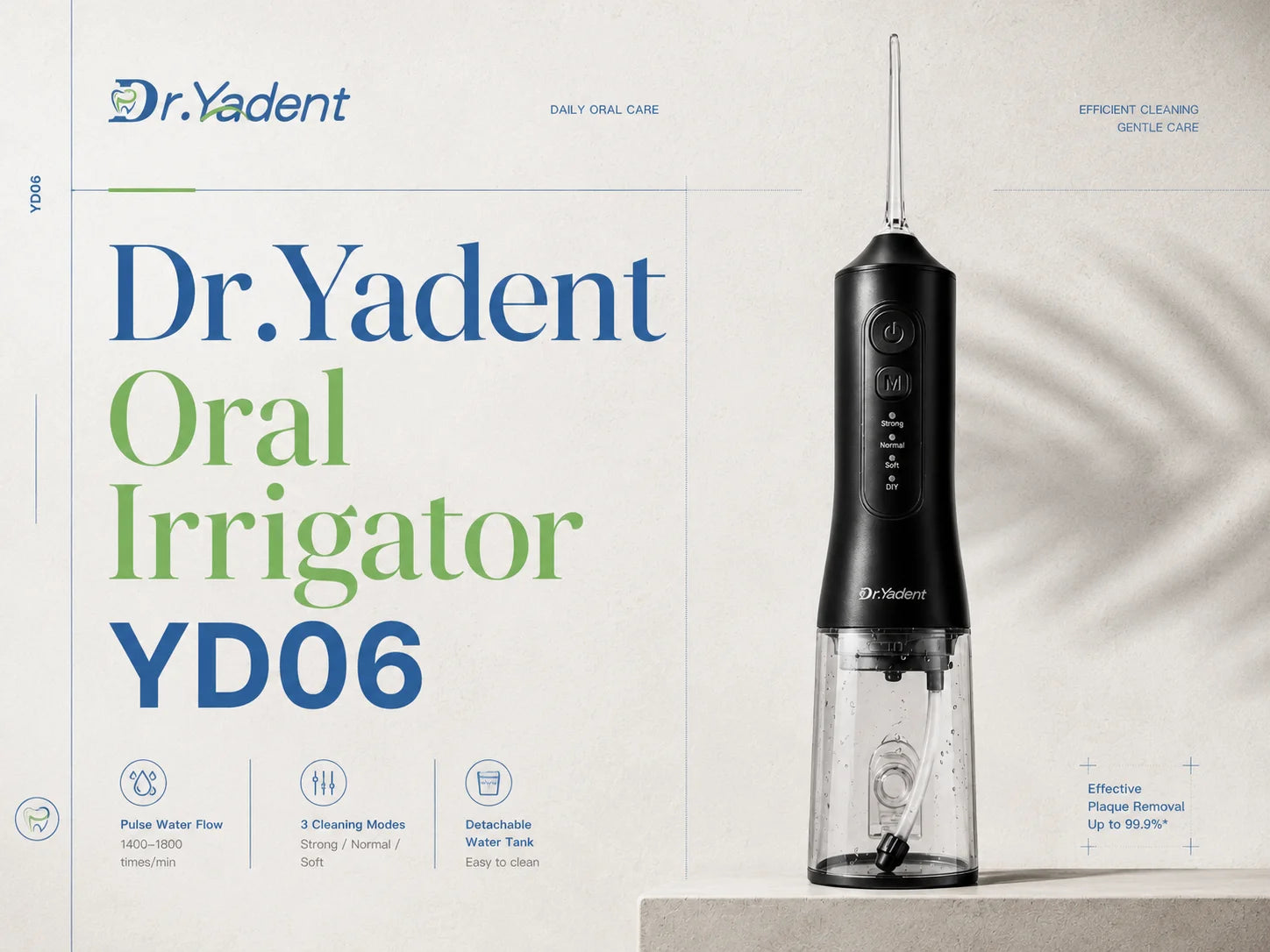 Dr.Yadent YD06 Irrigador Bucal Inalámbrico con Hilo Dental de Agua 300ML Chorro de Agua Portátil Carga Rápida USB-C 7 Boquillas 4 Modos IPX7 Impermeable