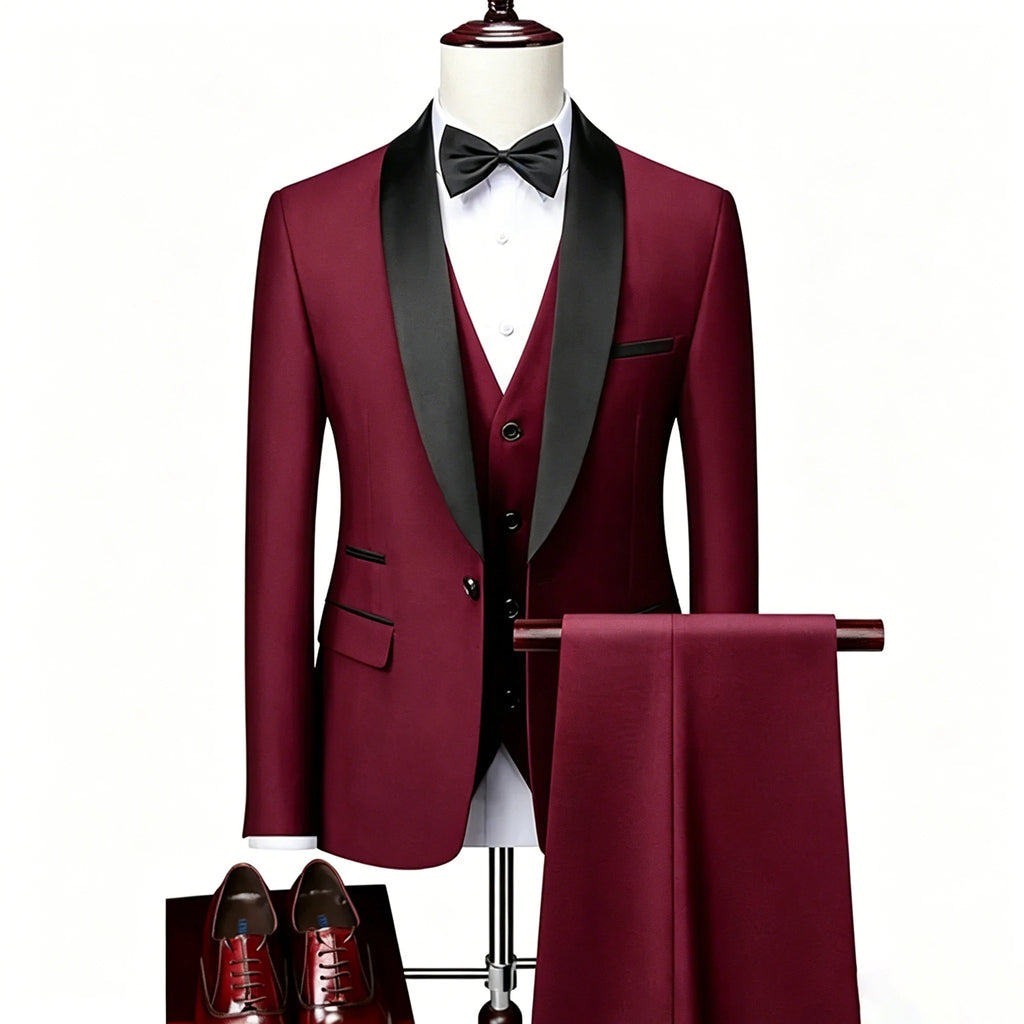 US Size XXS-3XL Men's 3 Piece Tuxedo Suit Set, Black Satin Shawl Lapel Slim Fit Blazer Vest Pants for Wedding Groom Party Prom
