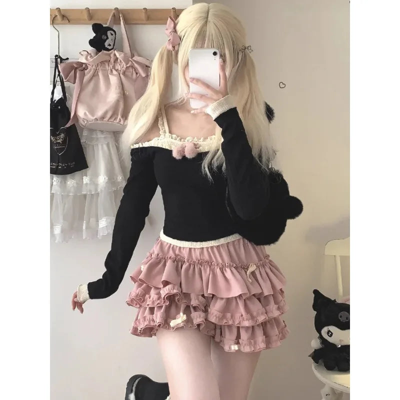 Y2K Sweet Ruffles Mini Skirt Women Kawaii Lolita Bow A Line Skirts Harajuku Japanese Cute High Waist Pink Blue Cake Skirt
