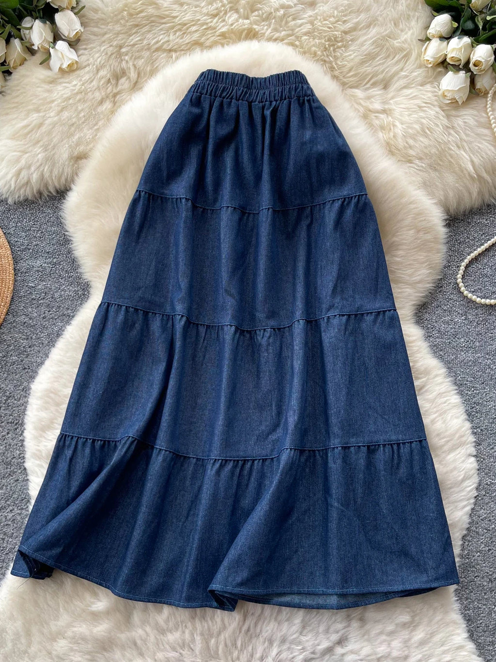Korean Style A-Line  Skirt Women's Summer Slimming Elastic Waist Denim Patchwork Skirts City Commute Universal Long Skirts