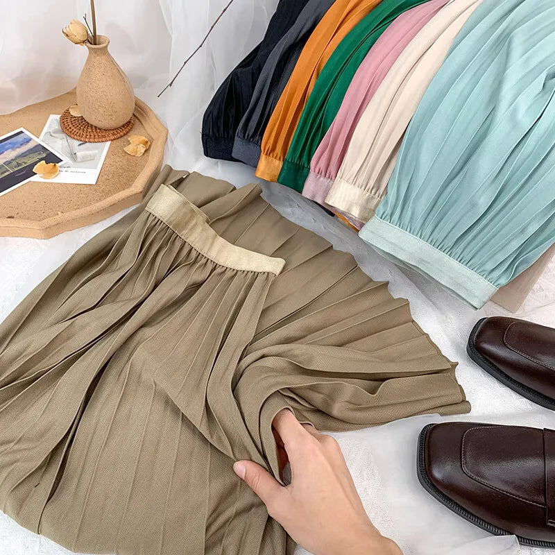2026 Elegant High Waist Pleated Skirt for Women Mid-long Midi Skirt Female High Quality Black Saia