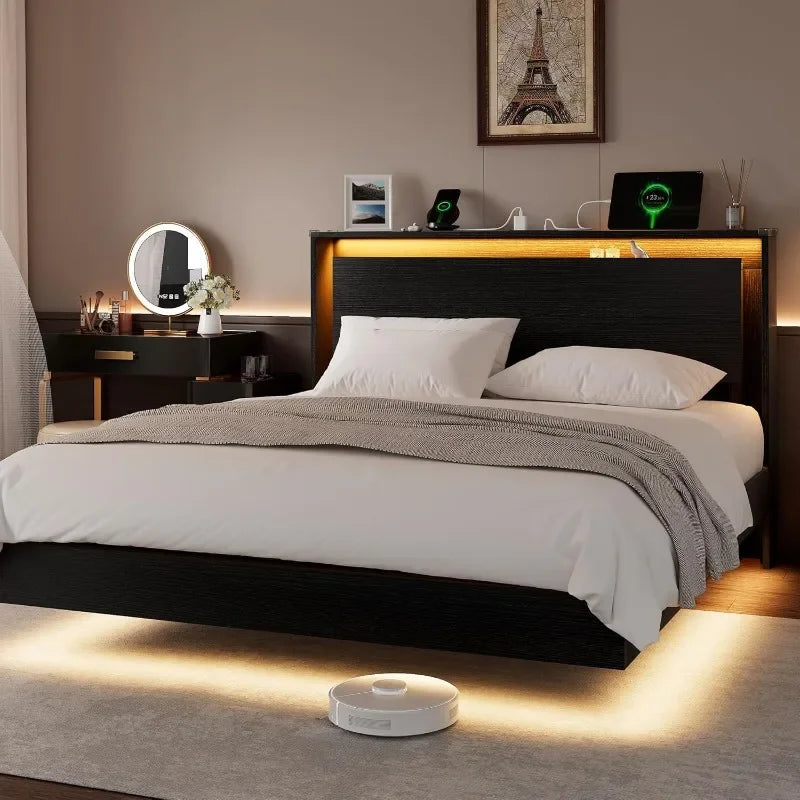 Einhomn King Size Bed Frame with LED Lights & Charging Station – Wood Floating Bed Frame with Storage Headboard, Adhesive Slats