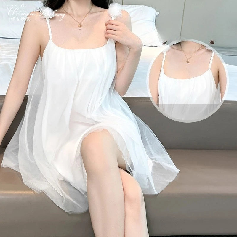 Sweet Cute New Arrival Solid Color Sexy Floral Mesh Spaghetti Strap Nightdress For Women With Chest Pad Home Sleepwear