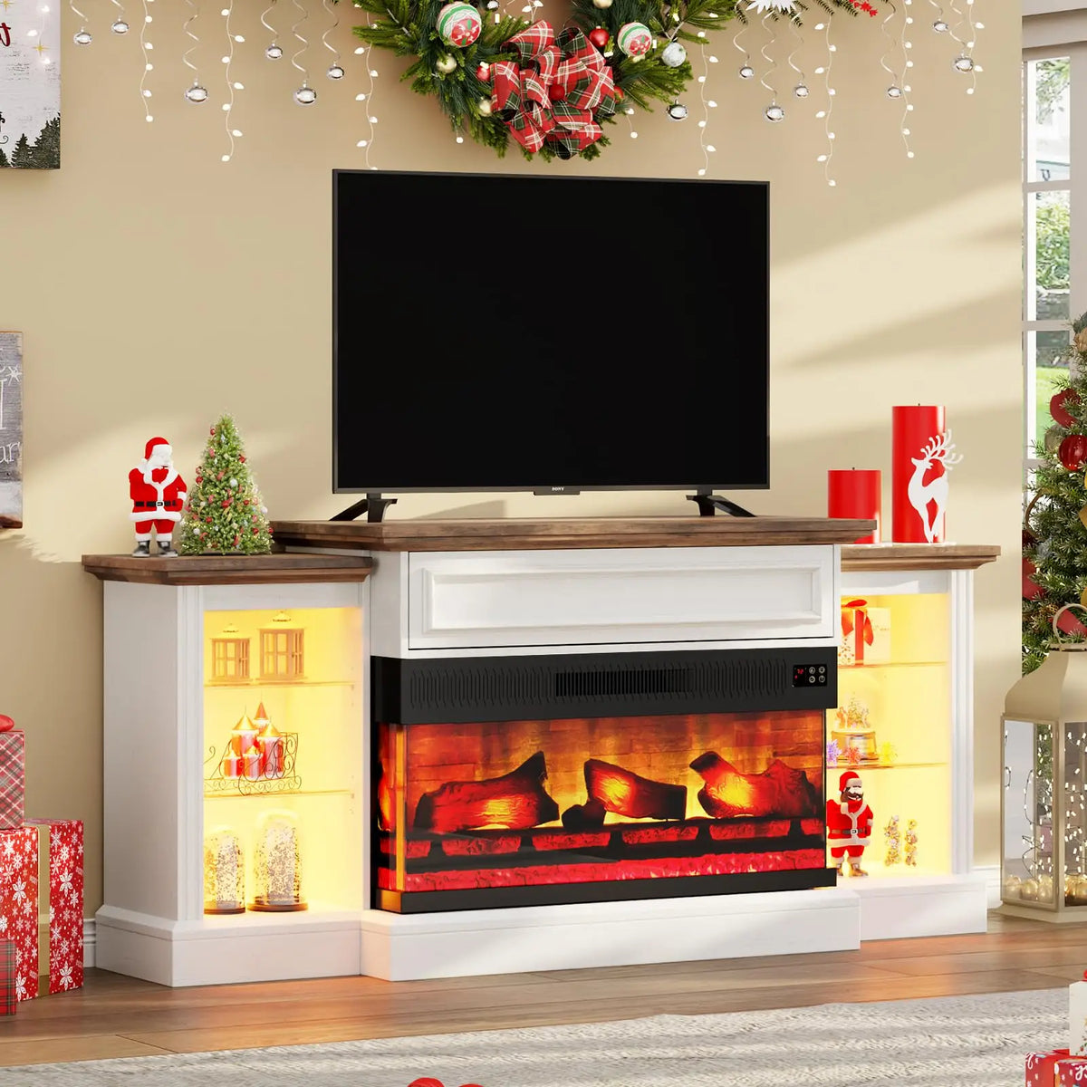 60" Farmhouse TV Stand with 28" Electric Fireplace for 65" TVs