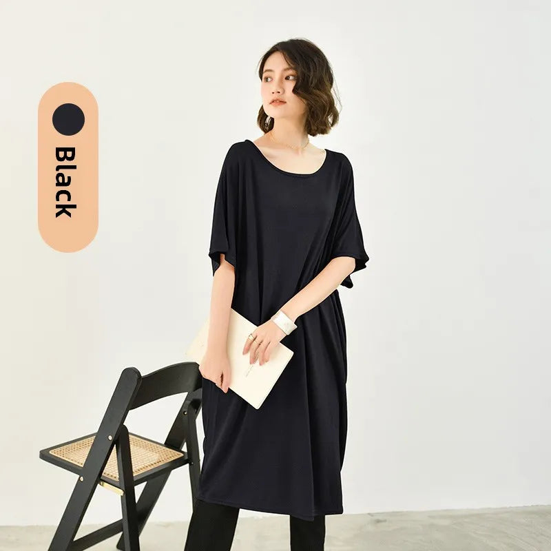 Modal plus Size Loose Short Sleeve Dress Women Summer Thin Casual Home Dress Sleep Dress round Neck A-Line Skirt H-Shape
