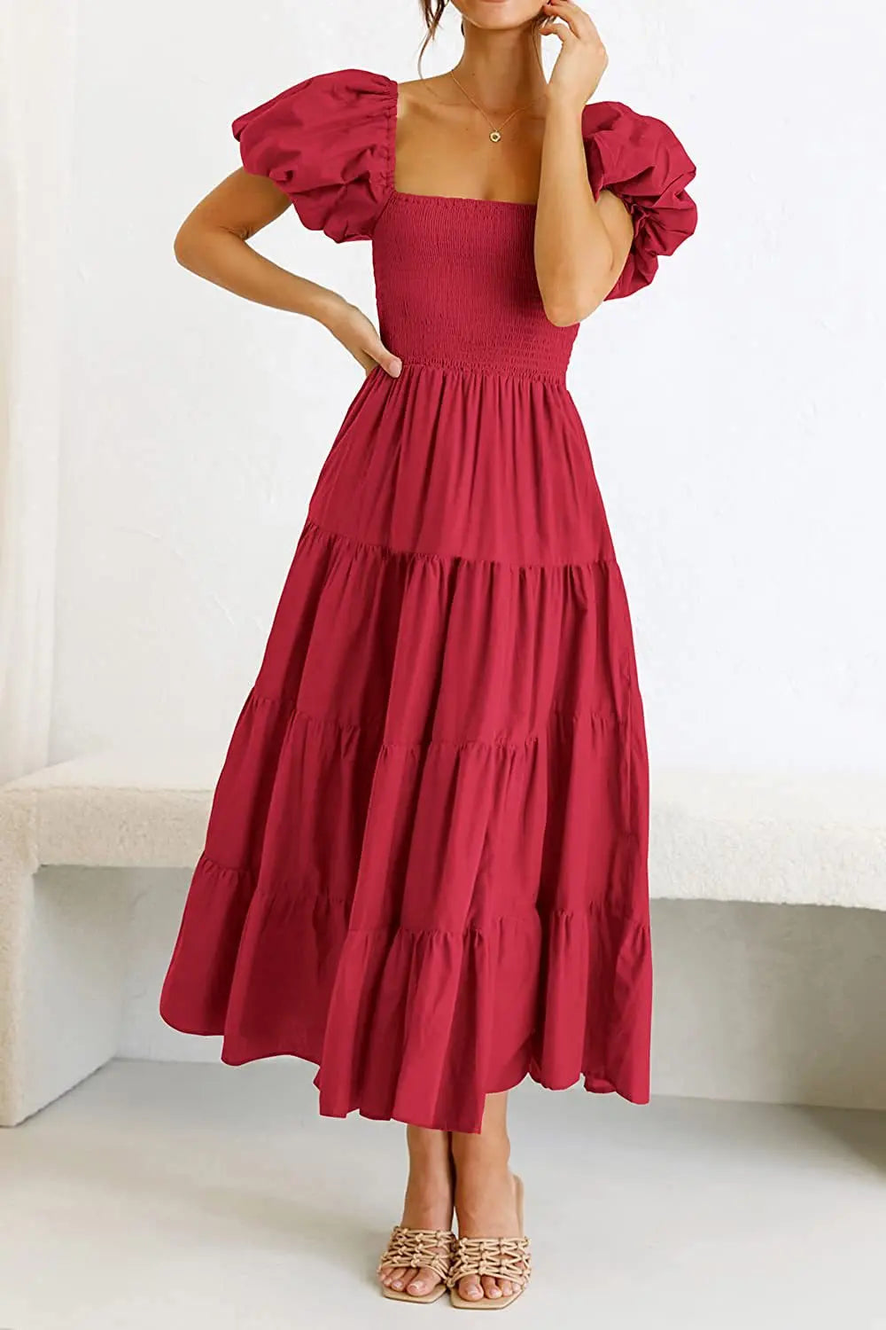 2026 Spring Summer Elegant Women's Long Dress Fashionable Solid Color Square Neck Puff Sleeve Pleated Slim Fit Loose Hem Dress