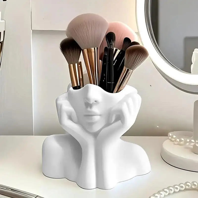 Makeup Brush Holder Human Face Art Desktop Decoration Vase Compatible with Eyebrow Pencils Home Organizer Plastic Material