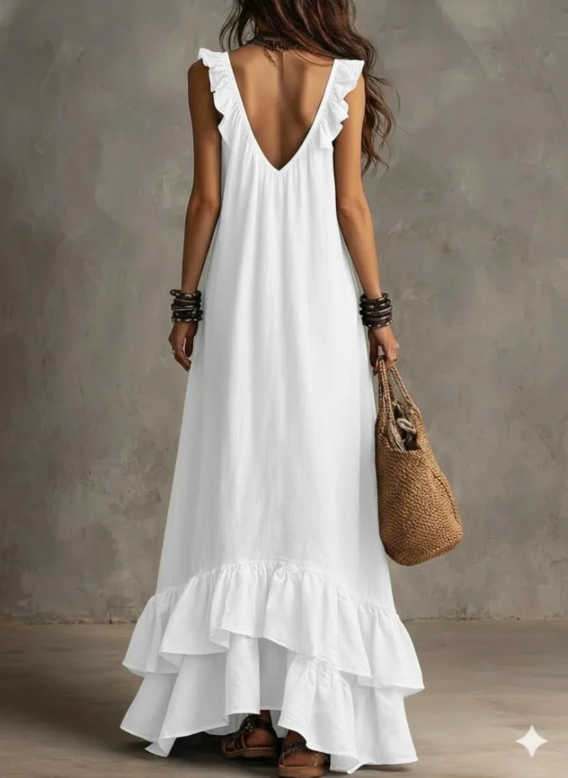 Boho Ruffled Maxi Dress Deep V Sleeveless Cascading Ruffle Loose Flowy Floor Length Beach Vacation Casual Long Dresses Cover Up