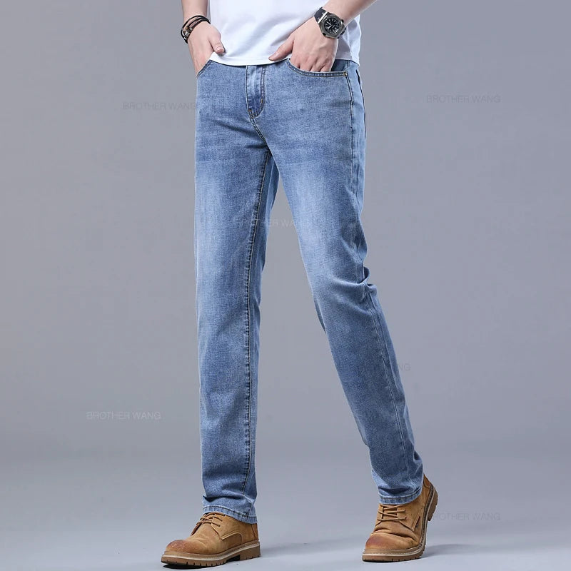 Spring Men'S Light Blue Slim Jeans Stylish Casual Stretch Fabric Denim Pants Classic Trousers Smoke Gray