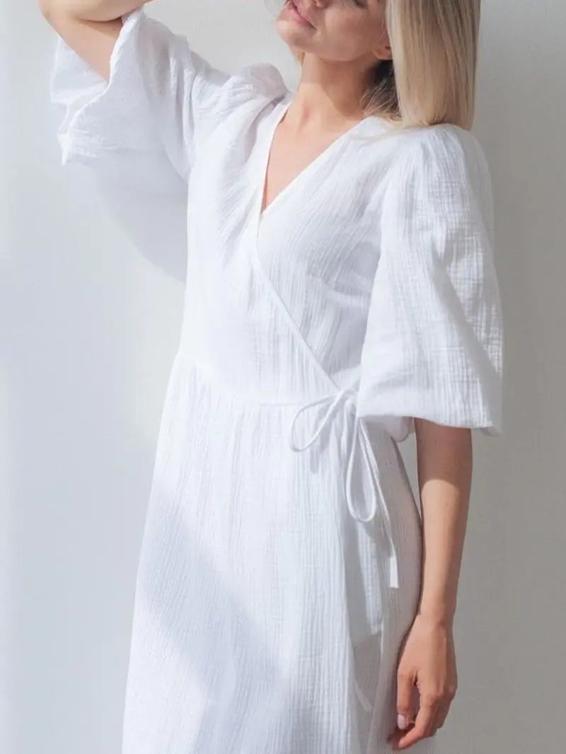 Long Dress Women Dresses Vestidos Lace Up V Neck Puff Sleeve Solid High Waist Female A Line Office Lady Summer 2025 Maxi Gown