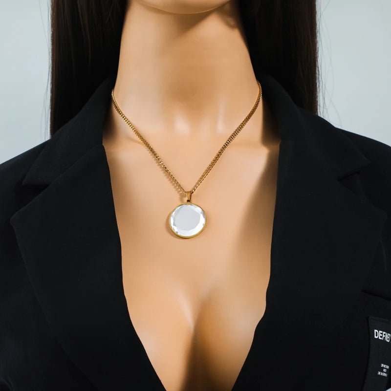 Eilieck 316L Stainless Steel Round Colored Crystal Pendant Necklace For Women'S New Trend Choker Clavicle Chain Jewelry