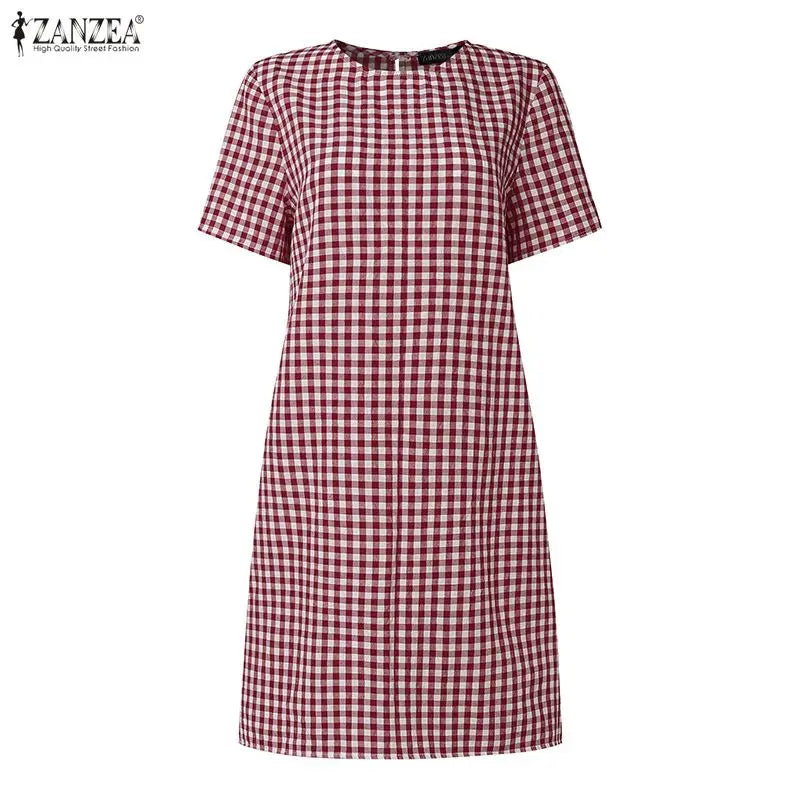 ZANZEA Women's Vintage Gingham Short Sleeves Dresses O-Neck Knee-Length Dress 2026 Summer Daily Casual Commute Robes Femme