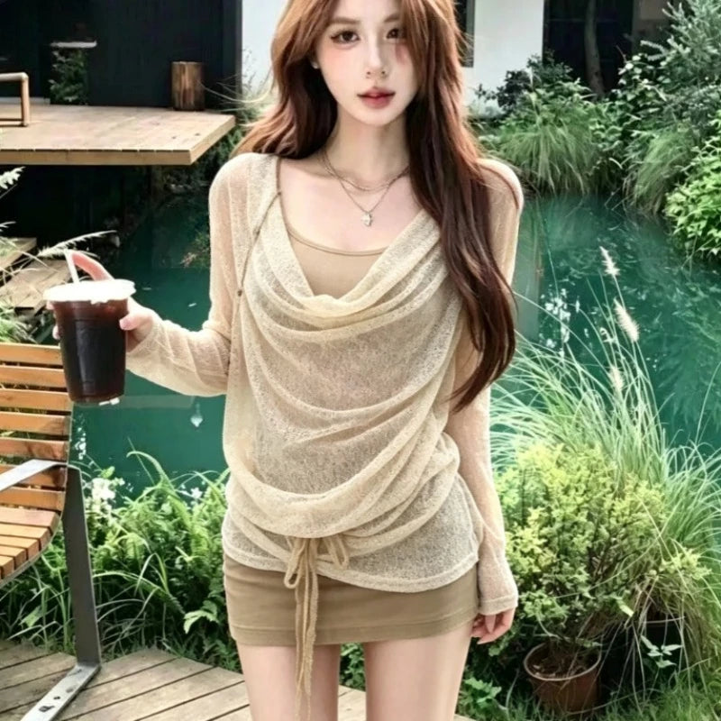Lolita Style Japanese Sweet 2 Piece Set Woman Casual Slim Tops High Waist Elegant Y2k Mini Dress Fashion Set Chic