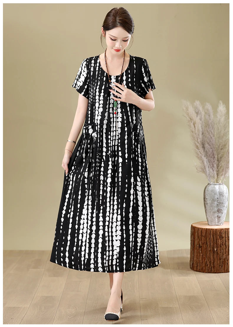 New Fashion Casual Summer Dresses For Women 2026 Loose Plus Size Clothes Elegant printting O-neck Short Sleeve Woman Clothing