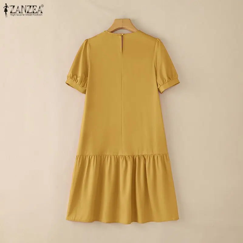 ZANZEA Stylish Floral Printed Dress Summer Women Short Sleeve Ruffled Hem Sundress Casual O-Neck Holiday Beach Knee Length Robe
