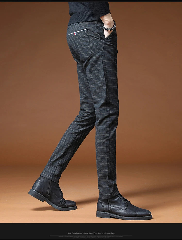 Classic Style Men's Casual Pants Fashion Striped Plaid Business Straight Slim Casual Pants Black Blue Gray Brand Men Trousers