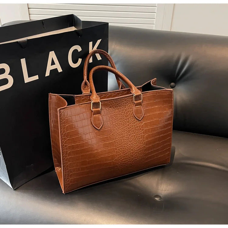 Spring 2025 Large Capacity Fashionable Handbag Casual Commuting Trendy Crocodile Pattern Tote Bag Street Style PU Material