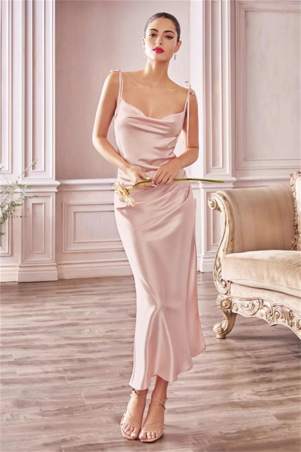 Sage Green Cowl Neck Satin Midi Dress