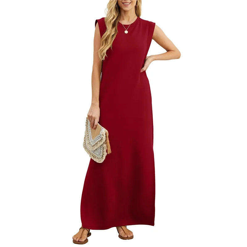 Casual Maxi Dress For Women Summer Loose Sleeveless Long Dresses Elegant Lady O Neck Solid Color Boho Beach Sundress Vestidos