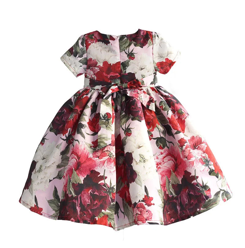 Fashion Floral Girls Party Dress Red Cotton Kids Children Dresses Golden Crown Bow Girl Clothing for Party Wedding