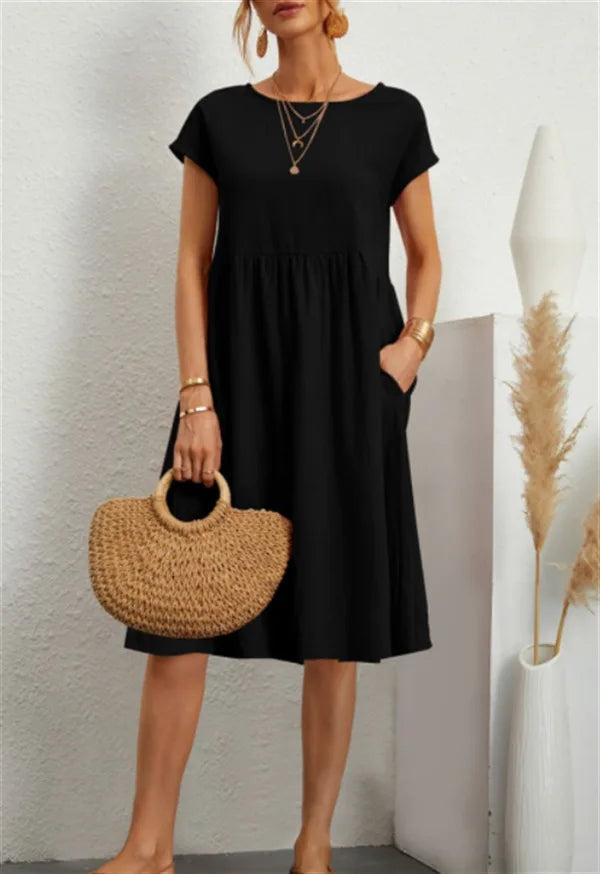 Customizable Fashion Solid Dress Women Cotton Linen O-Neck A-line Dress
