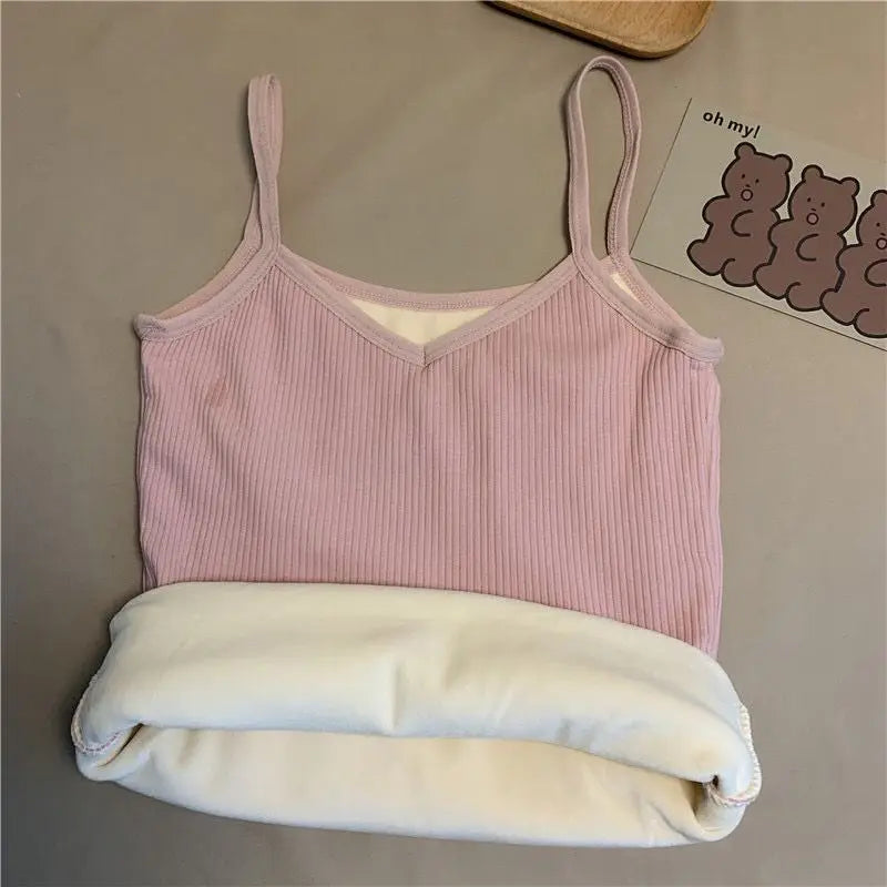 Women'S Winter Warm Underwear Solid Color Thermal Casual Nightwear Sexy Elasticity Female Thin Velvet T-Shirt Sleeveless Tops