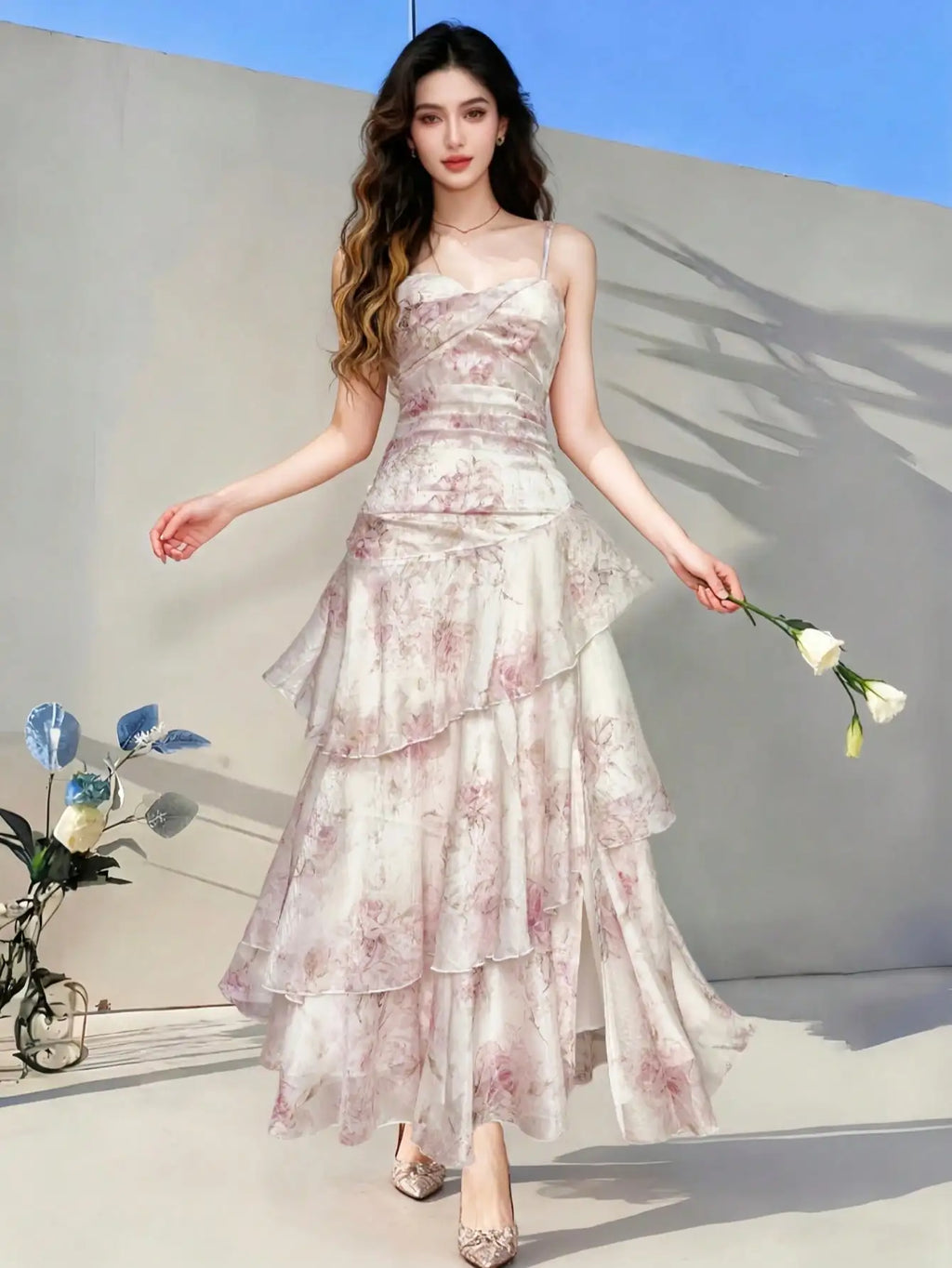 Women 2026 Summer Light Pink Floral Cami Tiered Chiffon Maxi Dress Spaghetti Strap Split Flowy Dress Wedding Guest Party
