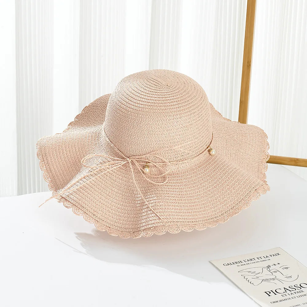 Summer New Children'S Sun Hat Kids Wave Large Brimmed Straw Hat And Bag Sets Girls Sunscreen Beach Hats Baby Hand-Knitted Cap